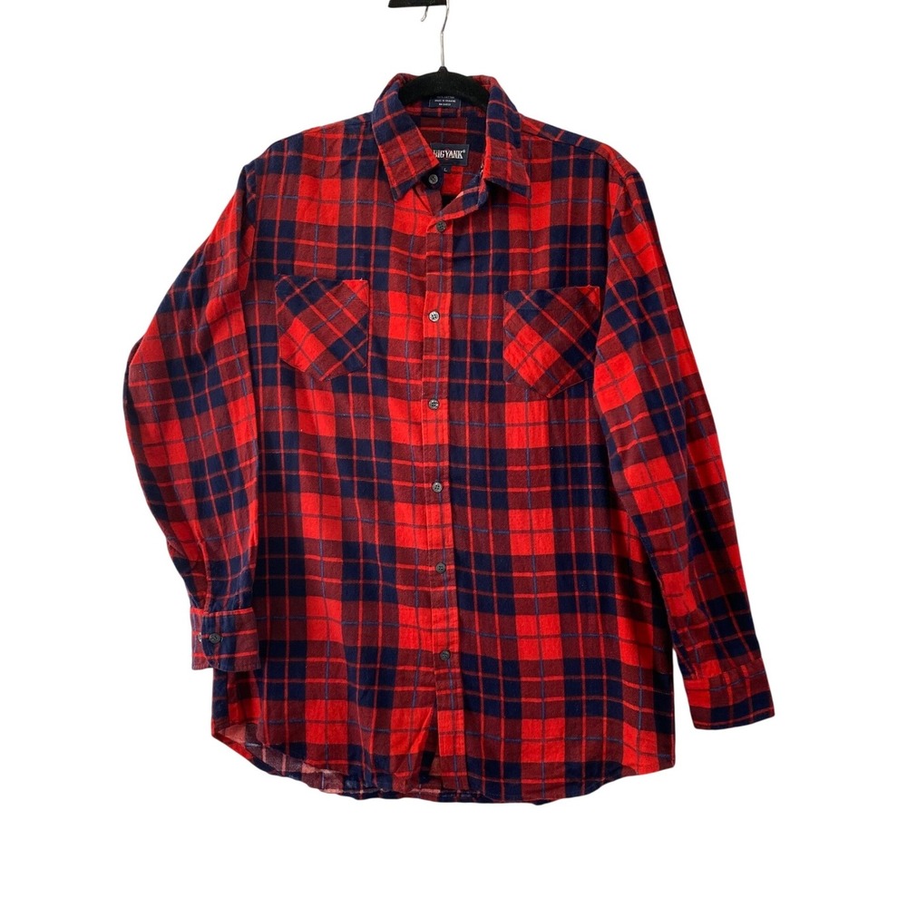 Big Yank Flannel Shirt Men Large Red Navy Blue Plaid Cotton Button Up Long Sleev